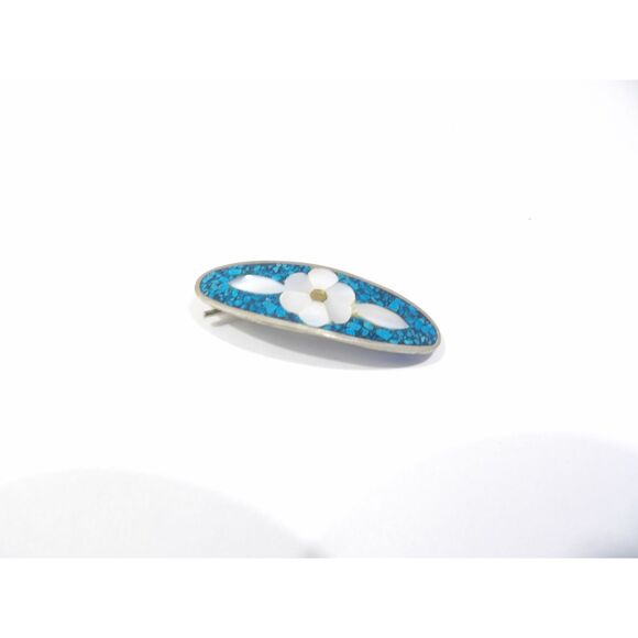 Vintage Daisy Flower Mother of Pearl Inlay Blue Turquoise Hair Clip, 1.75" - Picture 3 of 12